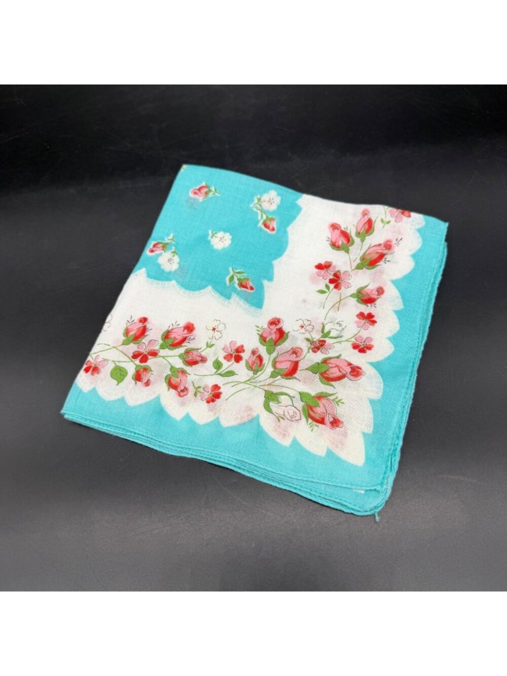 Vintage Floral Handkerchief Teal Red Pink Rose Flowers Cotton Hankie Mid Century